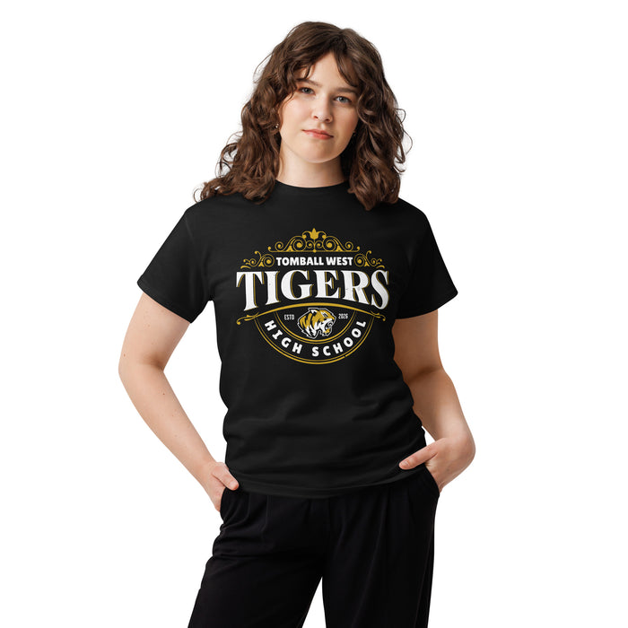 Woman wearing Tomball West High School Tigers Black Classic Unisex T-shirt 211