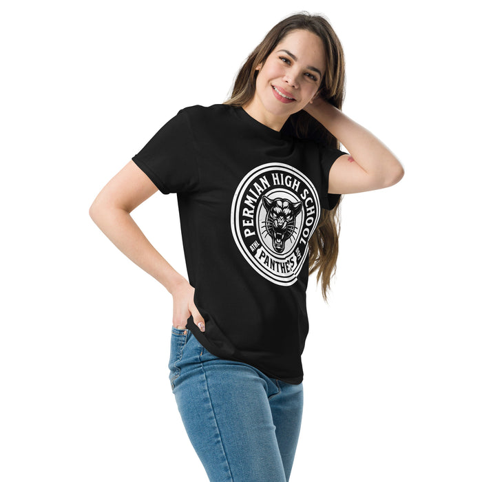 Woman wearing Permian High School Panthers Black Classic Unisex T-shirt 220