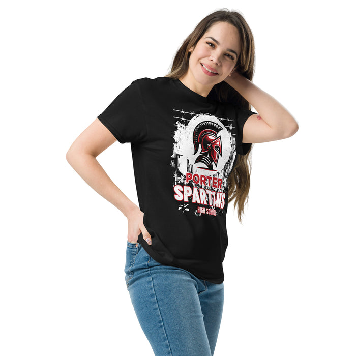 Woman wearing Porter High School Spartans Black Classic Unisex T-shirt 202