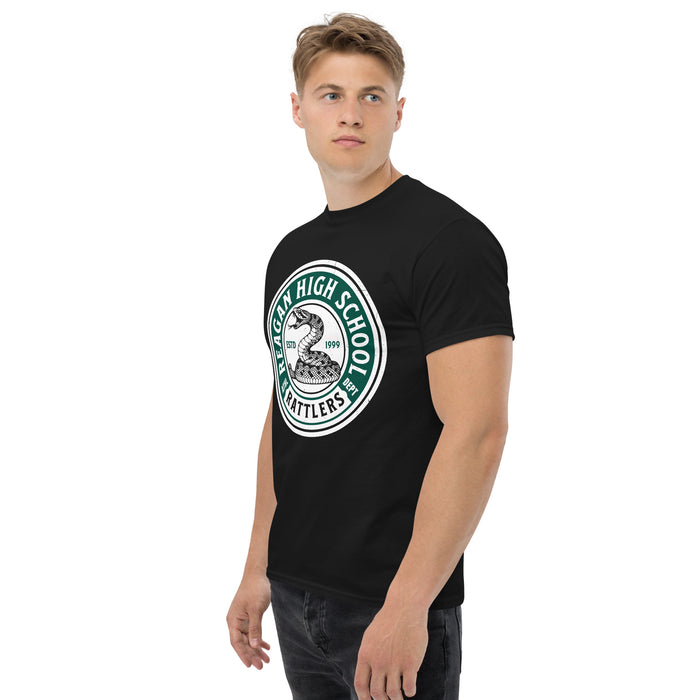 Side view of Reagan High School Rattlers Black Classic Unisex T-shirt 220