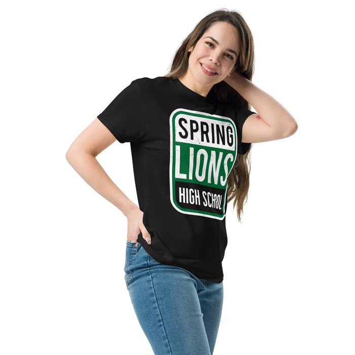 Woman wearing Spring High School Lions Black Classic Unisex T-shirt 001