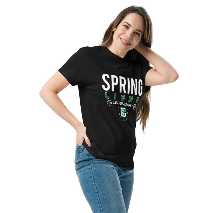 Woman wearing Spring High School Lions Black Classic Unisex T-shirt 003