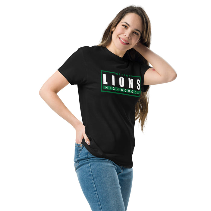 Woman wearing Spring High School Lions Black Classic Unisex T-shirt 049