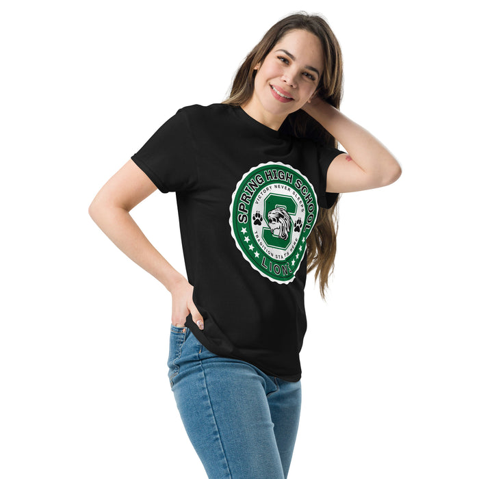 Woman wearing Spring High School Lions Black Classic Unisex T-shirt 216