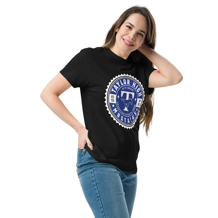 Woman wearing Taylor High School Mustangs Black Classic Unisex T-shirt 203