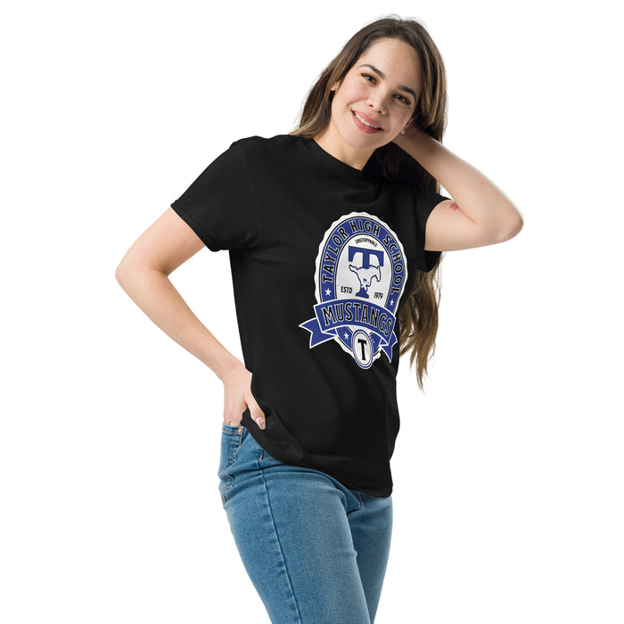 Woman wearing Taylor High School Mustangs Black Classic Unisex T-shirt 212