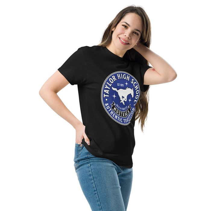 Woman wearing Taylor High School Mustangs Black Classic Unisex T-shirt 215