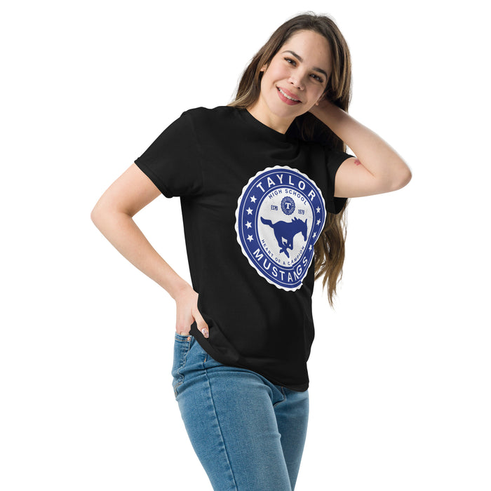 Woman wearing Taylor High School Mustangs Black Classic Unisex T-shirt 216