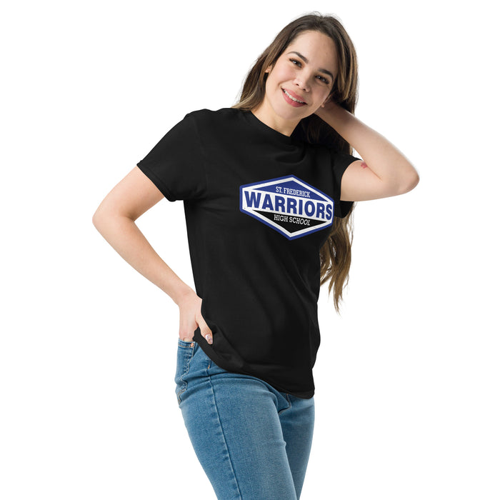 Woman wearing St. Frederick High School Warriors Black Classic Unisex T-shirt 009