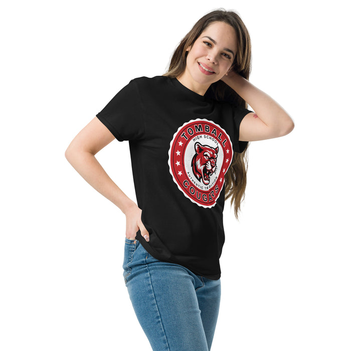 Woman wearing Tomball High School Cougars Black Classic Unisex T-shirt 216