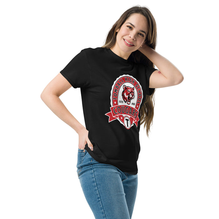 Woman wearing Tomball High School Cougars Black Classic Unisex T-shirt 212