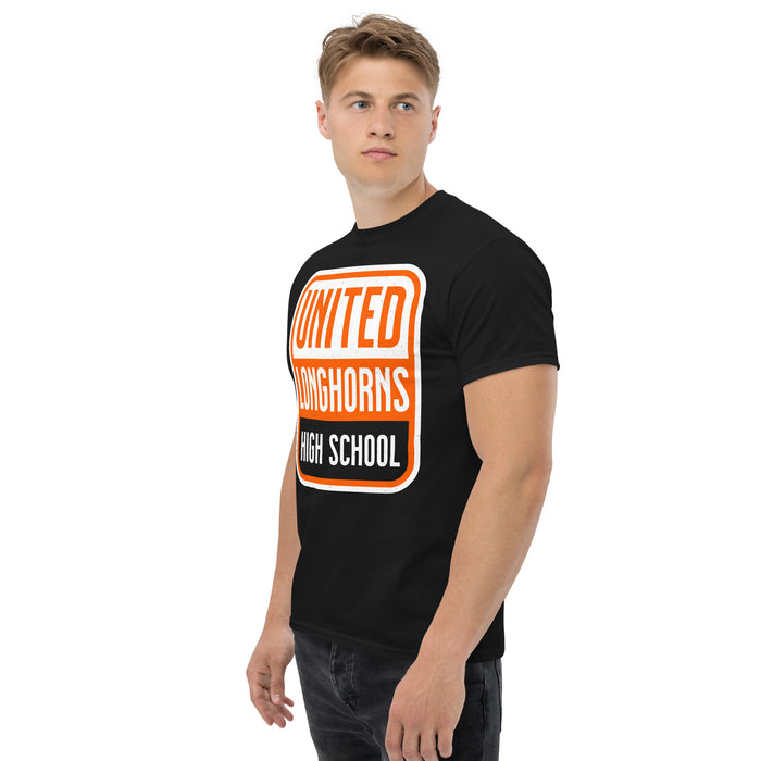 Side view of United High School Longhorns Black Classic Unisex T-shirt 001