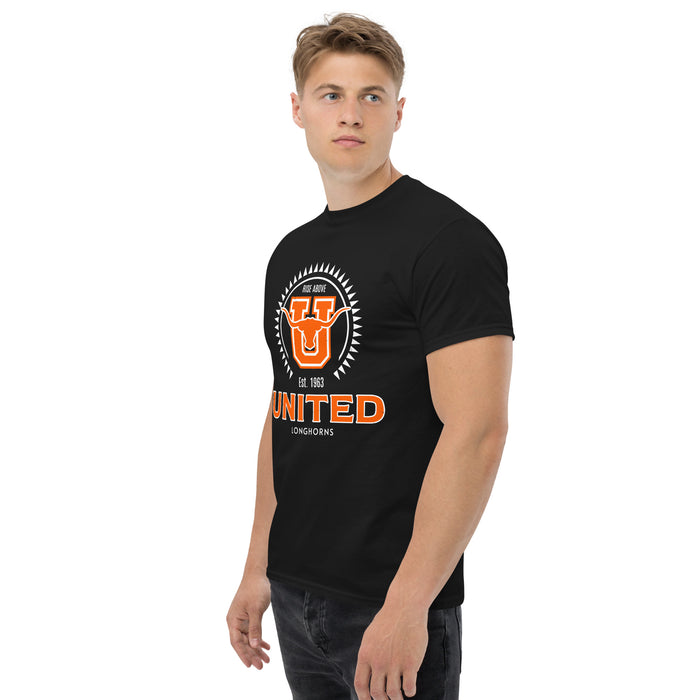 Side view of United High School Longhorns Black Classic Unisex T-shirt 226