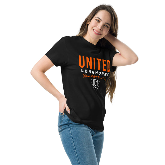 Woman wearing United High School Longhorns Black Classic Unisex T-shirt 003