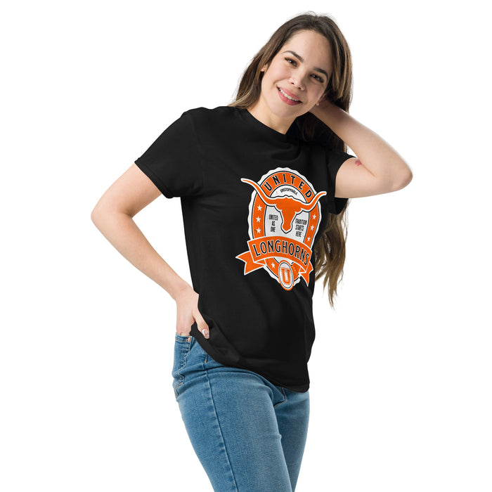 Woman wearing United High School Longhorns Black Classic Unisex T-shirt 212