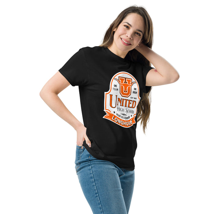 Woman wearing United High School Longhorns Black Classic Unisex T-shirt 219