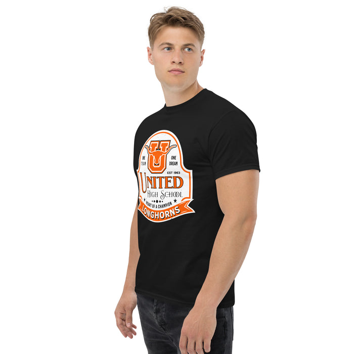 Side view of United High School Longhorns Black Classic Unisex T-shirt 219