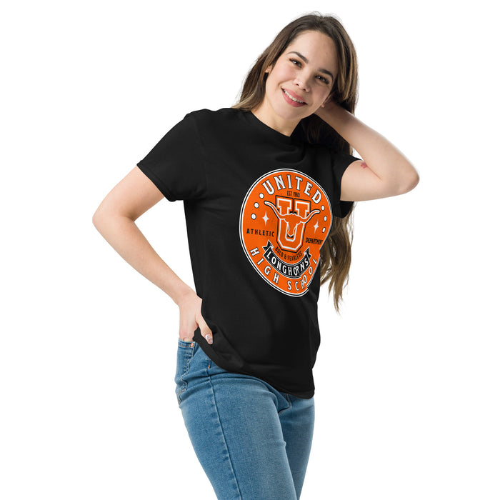 Woman wearing United High School Longhorns Black Classic Unisex T-shirt 215