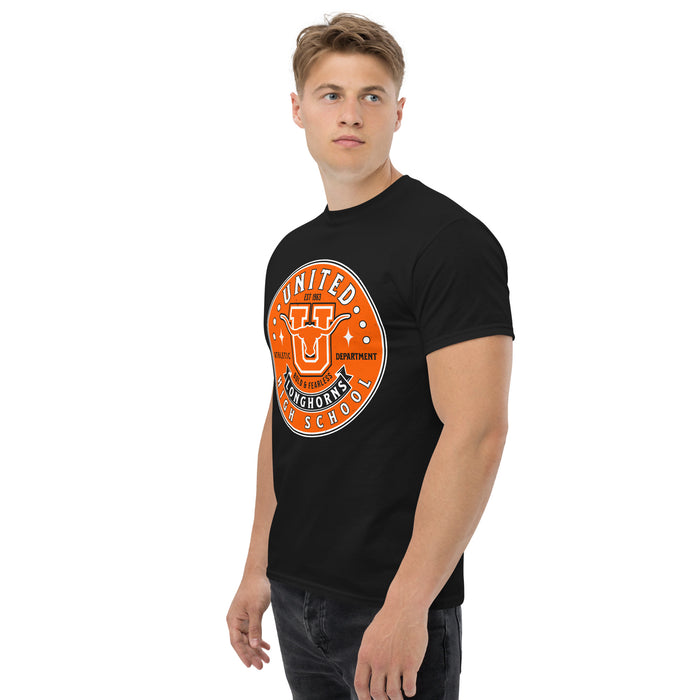 Man wearing United High School Longhorns Black Classic Unisex T-shirt 215