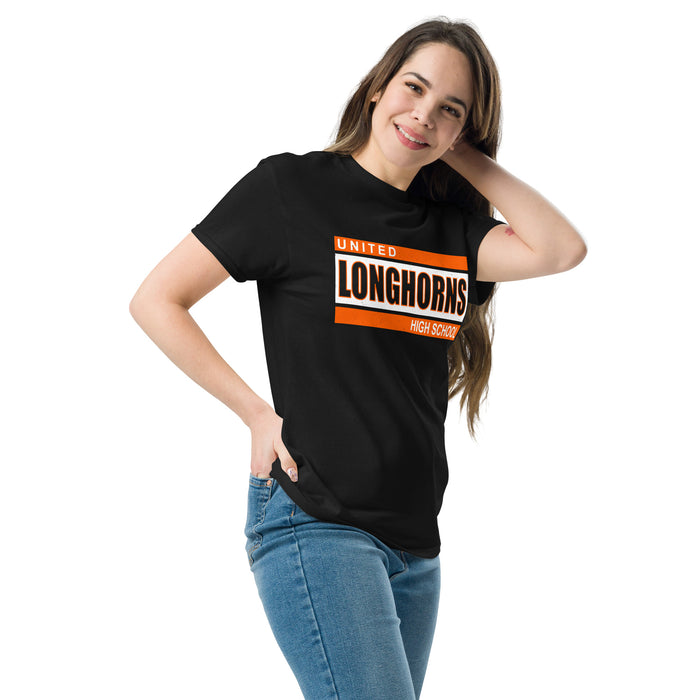 Woman wearing United High School Longhorns Black Classic Unisex T-shirt 098