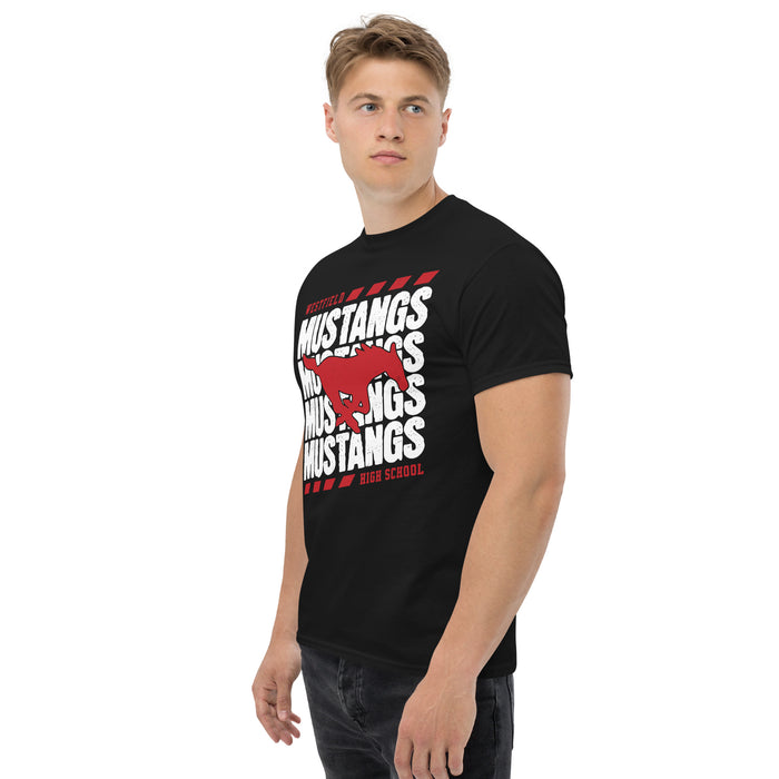 Side view of Westfield High School Mustangs Black Classic Unisex T-shirt 223