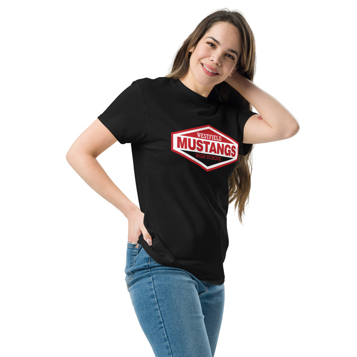 Woman wearing Westfield High School Mustangs Black Classic Unisex T-shirt 009