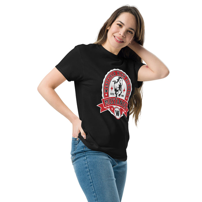 Woman wearing Westfield High School Mustangs Black Classic Unisex T-shirt 212