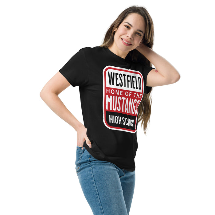 Woman wearing Westfield High School Mustangs Black Classic Unisex T-shirt 001