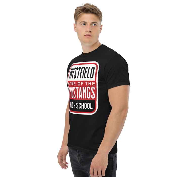 Side view of Westfield High School Mustangs Black Classic Unisex T-shirt 001