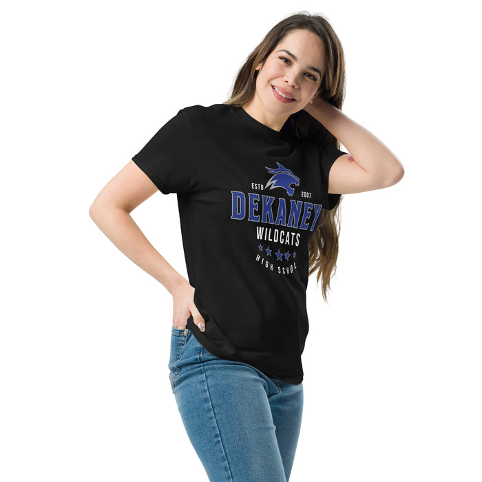 Woman wearing Dekaney High School Wildcats Black Classic Unisex T-shirt 217