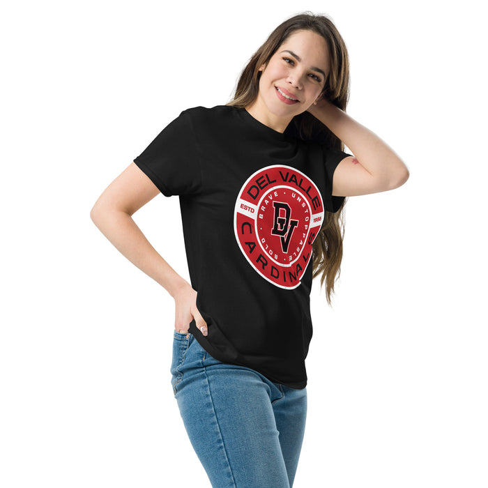 Woman wearing Del Valle High School Cardinals Black Classic Unisex T-shirt 239