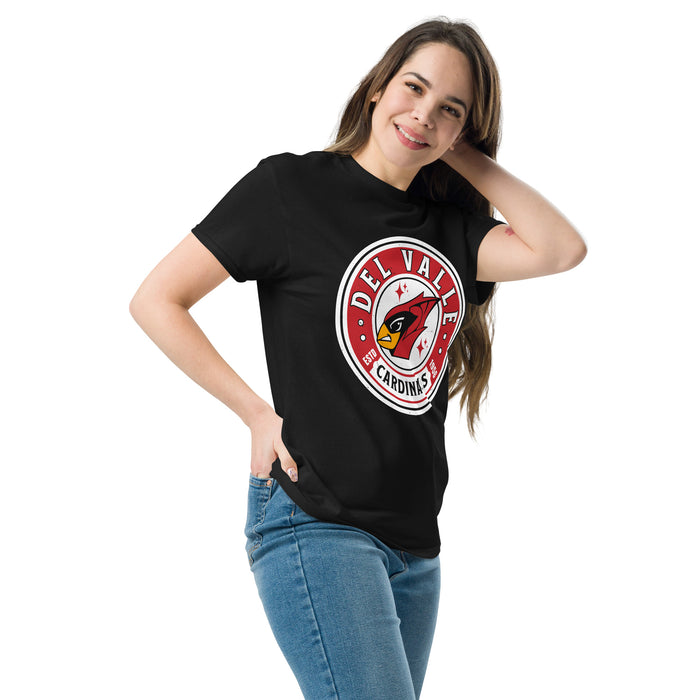 Woman wearing Del Valle High School Cardinals Black Classic Unisex T-shirt 220