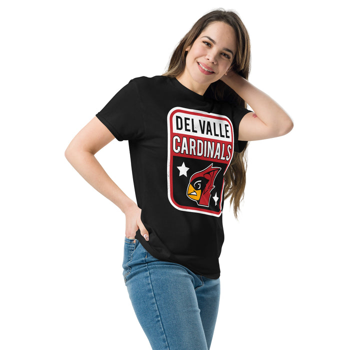 Woman wearing Del Valle High School Cardinals Black Classic Unisex T-shirt 001