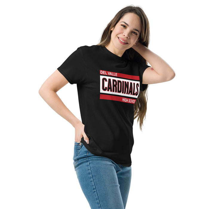 Woman wearing Del Valle High School Cardinals Black Classic Unisex T-shirt 098