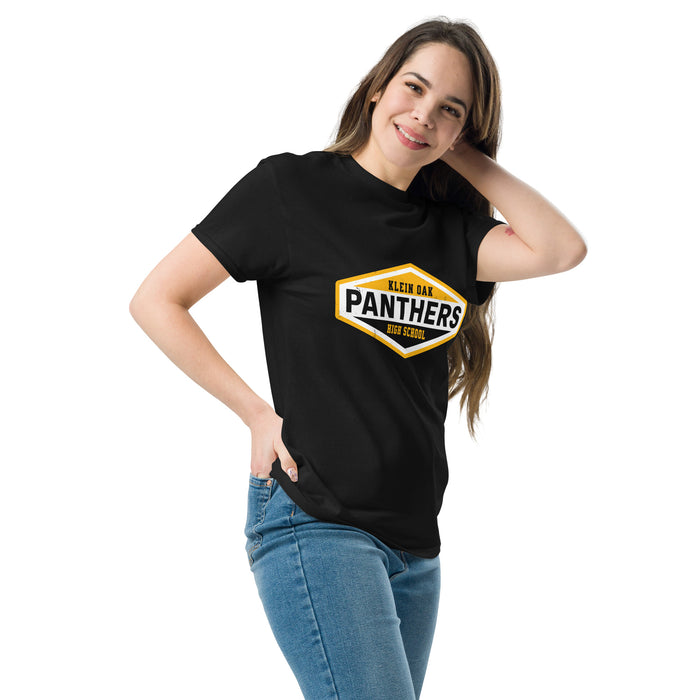 Woman wearing Klein Oak High School Panthers Classic Unisex Black T-shirt 009