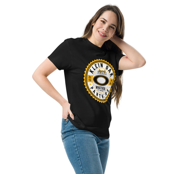 Woman wearing Klein Oak High School Panthers Classic Unisex Black T-shirt 203