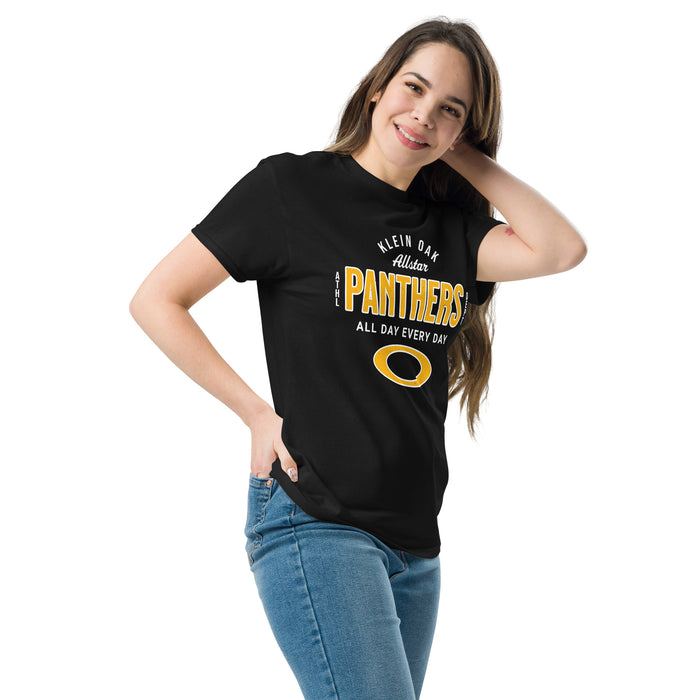 Woman wearing Klein Oak High School Panthers Classic Unisex Black T-shirt 040