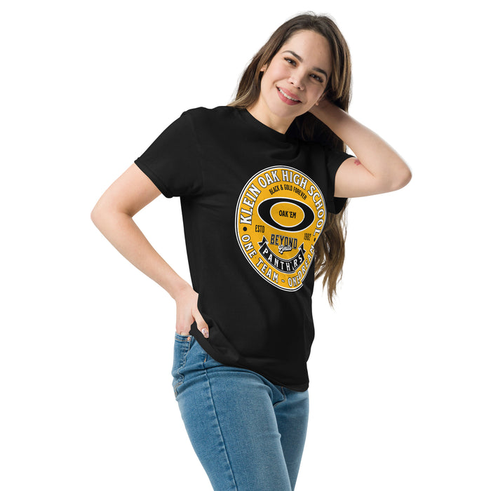 Woman wearing Klein Oak High School Panthers Classic Unisex Black T-shirt 215