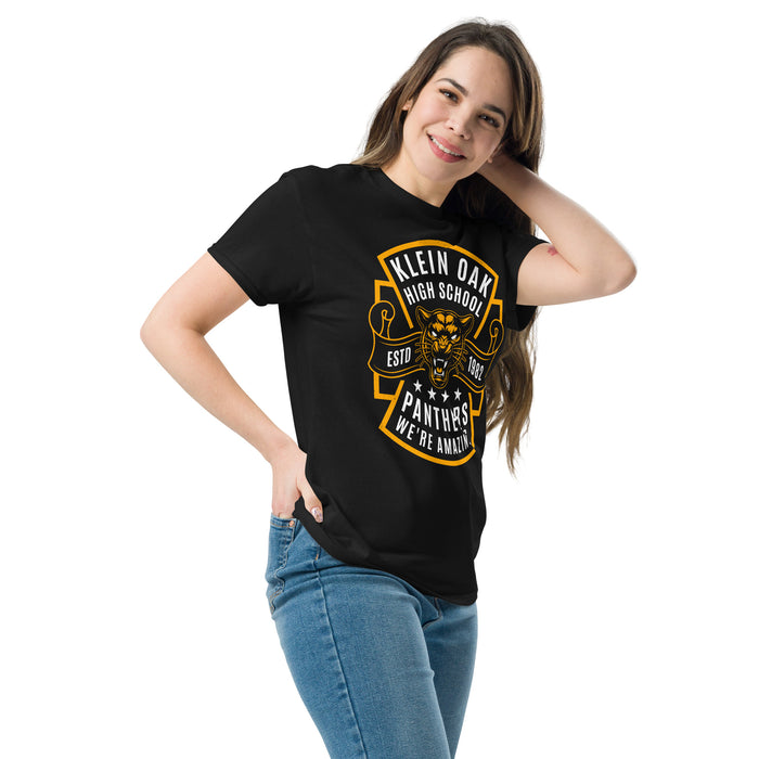 Girl wearing Klein Oak High School Panthers Classic Unisex Black T-shirt 207