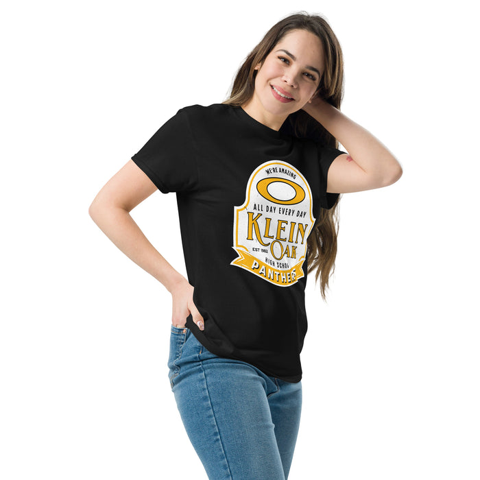 Woman wearing Klein Oak High School Panthers Classic Unisex Black T-shirt 219