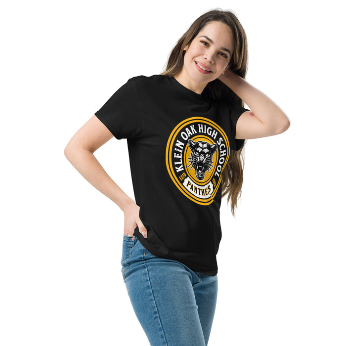 Woman wearing Klein Oak High School Panthers Classic Unisex Black T-shirt 220