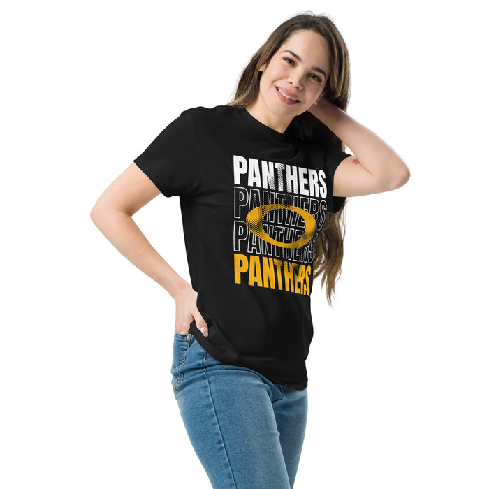 Woman wearing Klein Oak High School Panthers Classic Unisex Black T-shirt 233