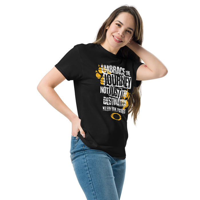 Woman wearing Klein Oak High School Panthers Classic Unisex Black T-shirt 232
