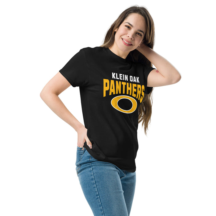 Woman wearing Klein Oak High School Panthers Classic Unisex Black T-shirt 234