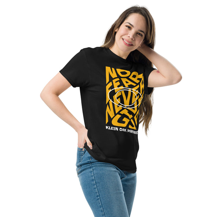 Woman wearing Klein Oak High School Panthers Classic Unisex Black T-shirt 236
