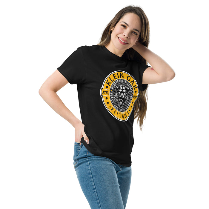 Woman wearing Klein Oak High School Panthers Classic Unisex Black T-shirt 224