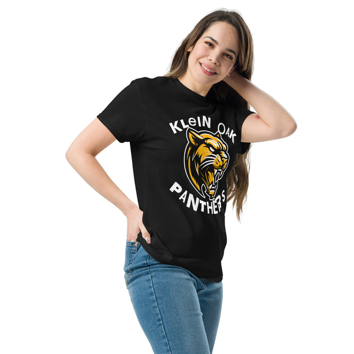 Woman wearing Klein Oak High School Panthers Classic Unisex Black T-shirt 228