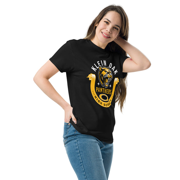 Woman wearing Klein Oak High School Panthers Classic Unisex Black T-shirt 229