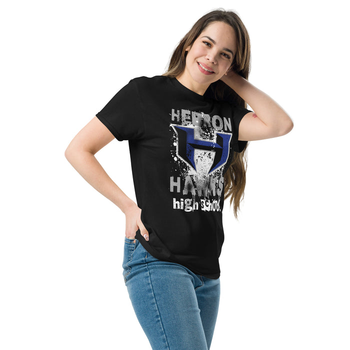 Woman wearing Hebron High School Hawks Black Classic Unisex T-shirt 205