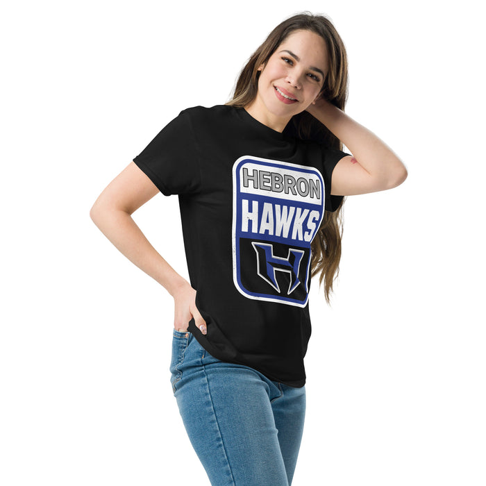 Woman wearing Hebron High School Hawks Black Classic Unisex T-shirt 001